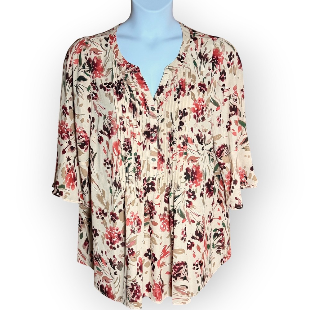 Catherines Floral Pintuck Blouse 0X 14/16W Cream Red 3/4 Bell Sleeve Top